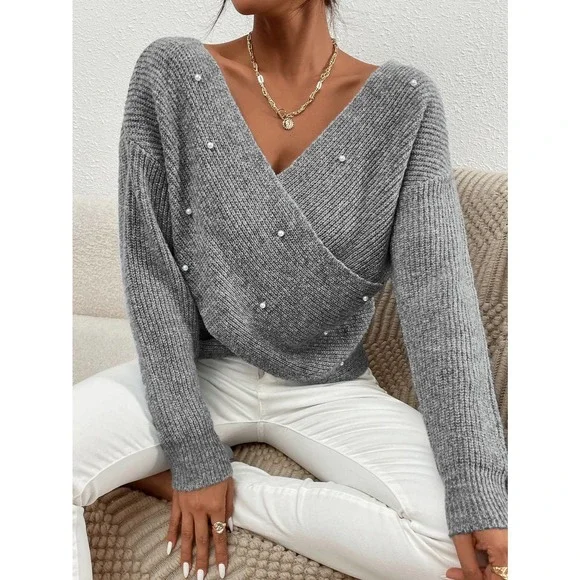 Pearl Beaded Drop Shoulder Cross Wrap Sweater gray - Picture 1 of 4